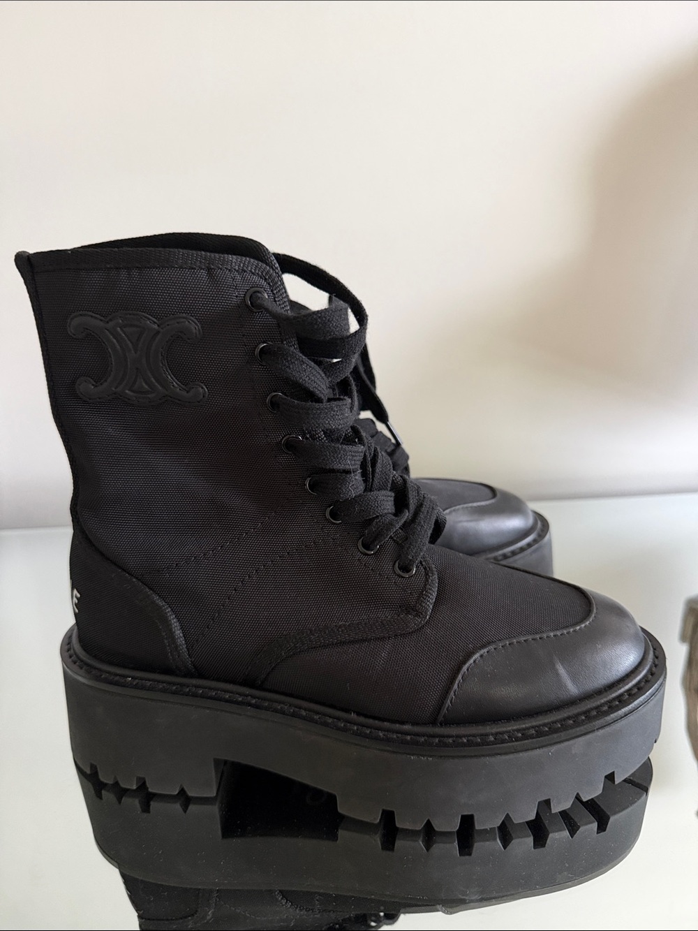 Celine Black Lace-Up Platform Combat Boots